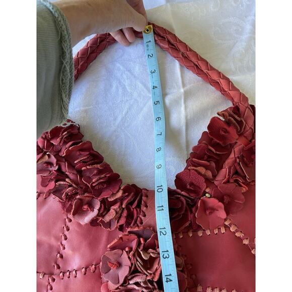 Wabags Genuine Leather Appliqué Flower Tote Handbag Red 3 D Design Shoulder Bag - Picture 10 of 10